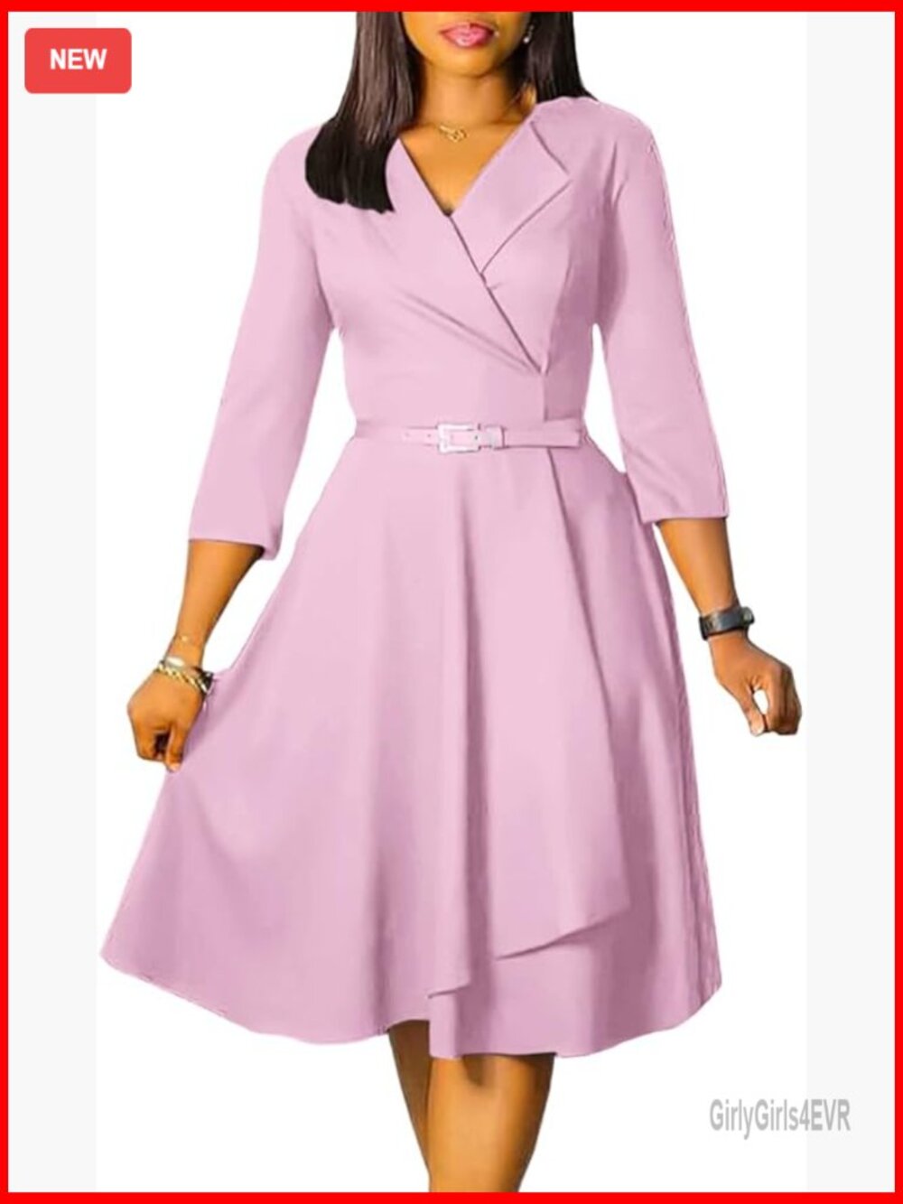 3/4 Sleeve A-Line Swing Dress With Belt For Women